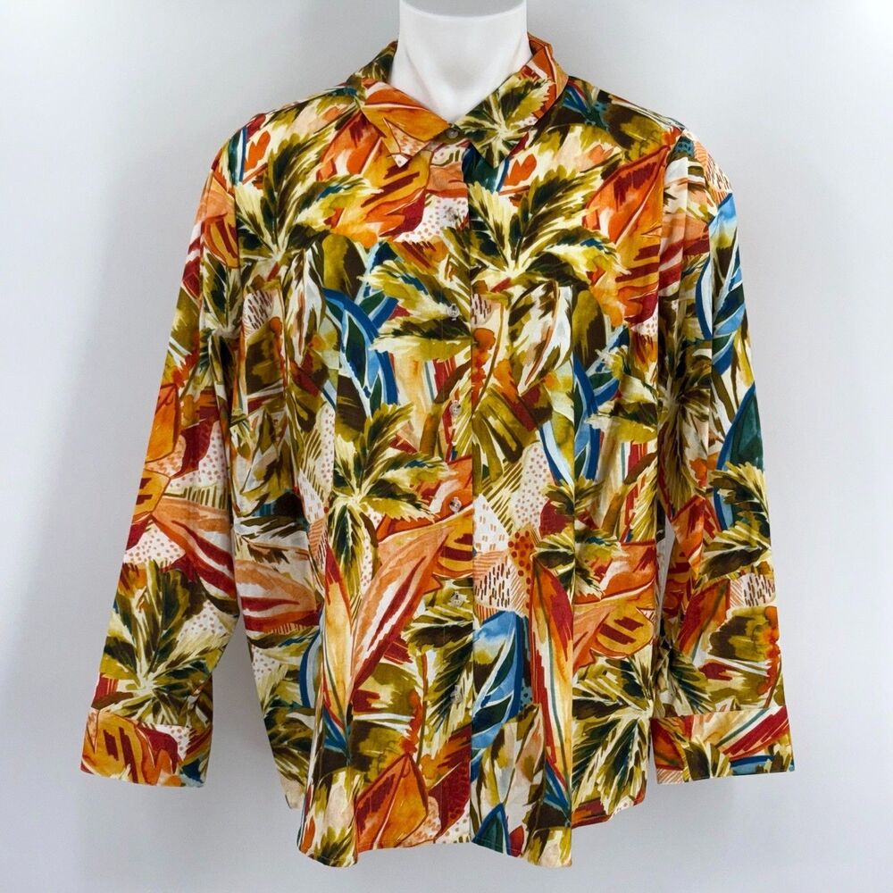 Investments Button Up Down Linen Shirt Womens Size 3X Tropical Floral Vacation